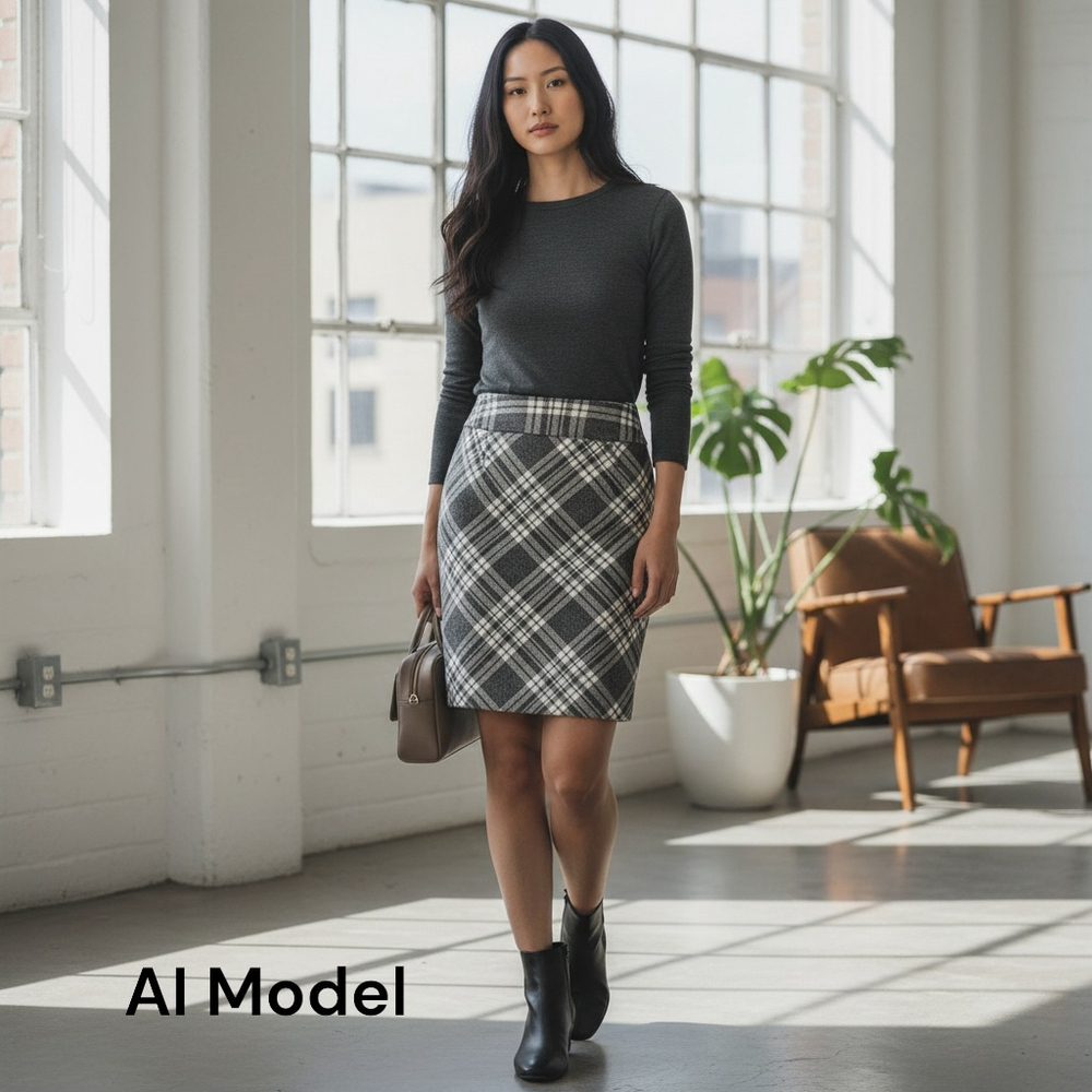 Talbots Grey/Cream Plaid Wool-Blend Skirt, 10